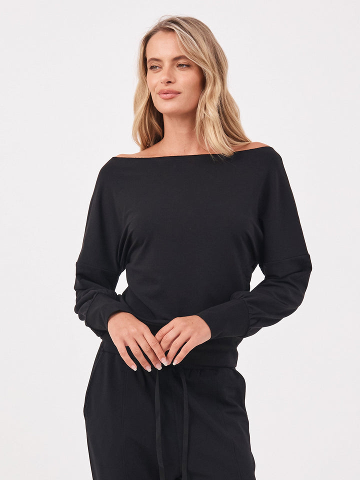 French Terry Off Shoulder Sweatshirt - Black