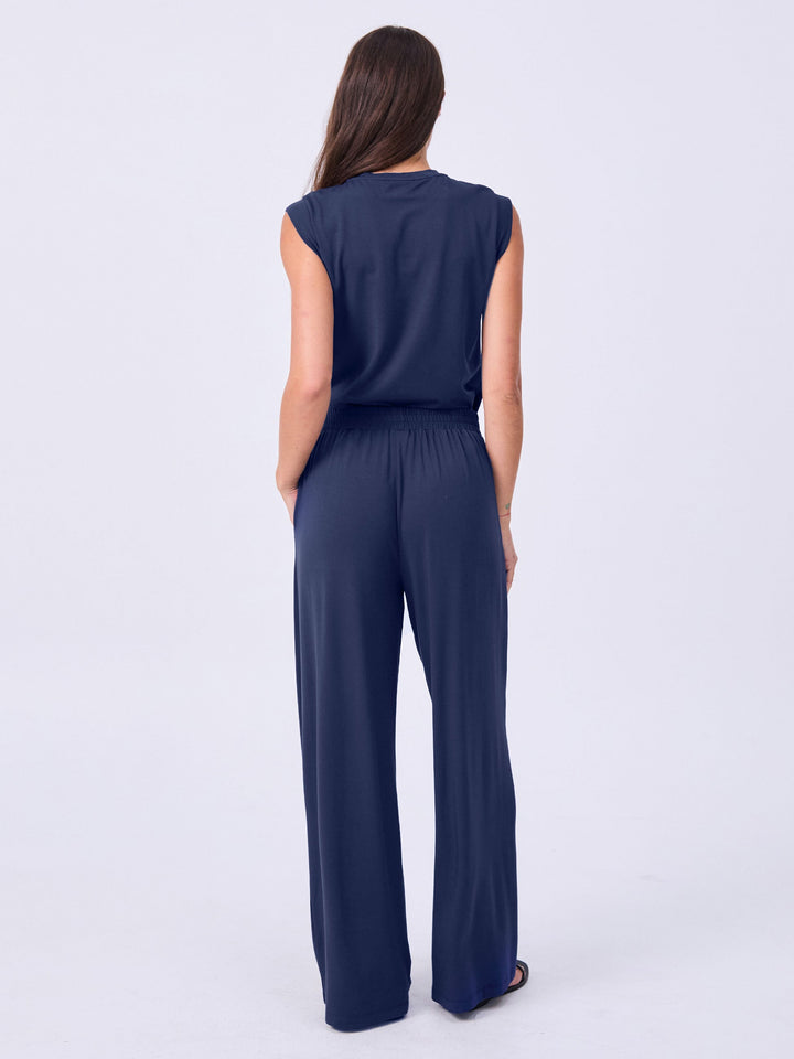 Pleat  Front Wide Leg Pants - Navy