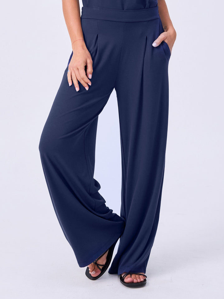 Pleat  Front Wide Leg Pants - Navy