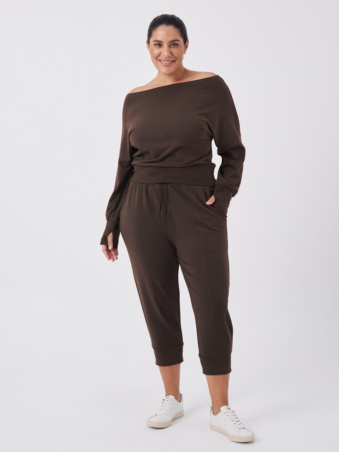 French Terry Off Shoulder Sweatshirt - Coffee Bean