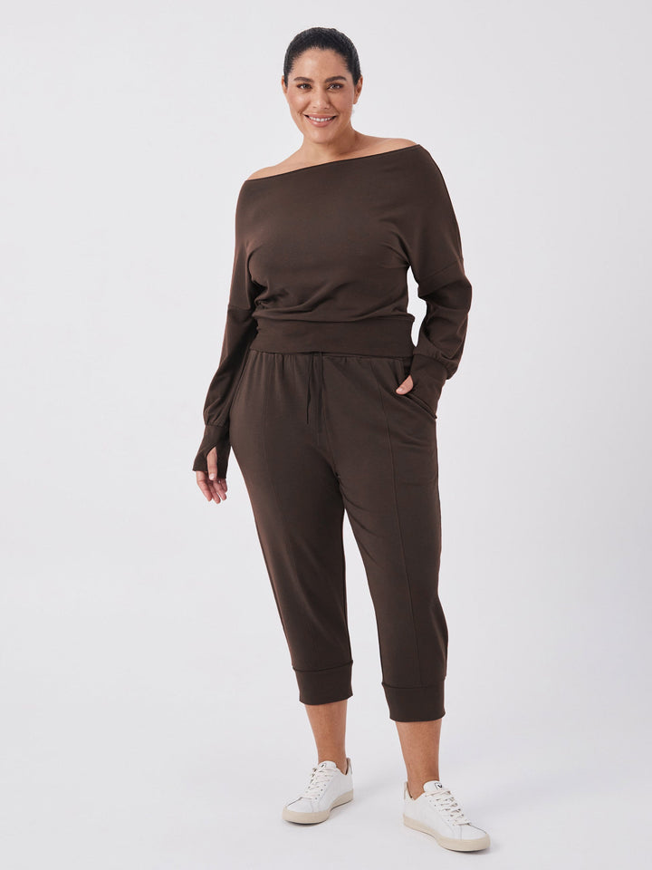 French Terry Off Shoulder Sweatshirt - Coffee Bean