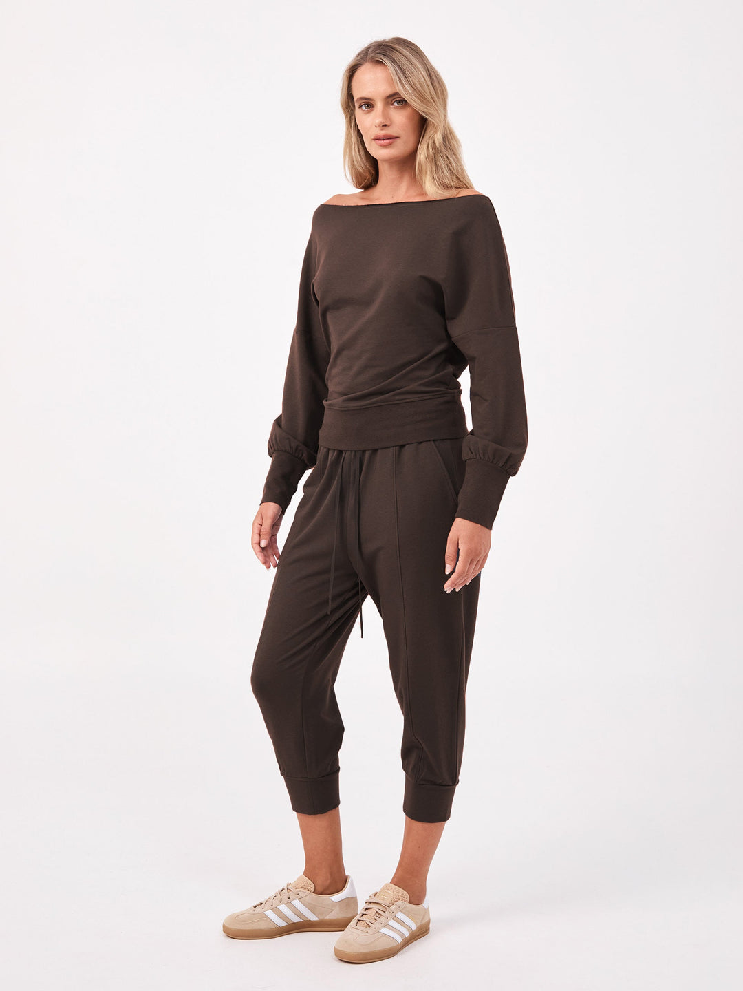 French Terry Off Shoulder Sweatshirt - Coffee Bean