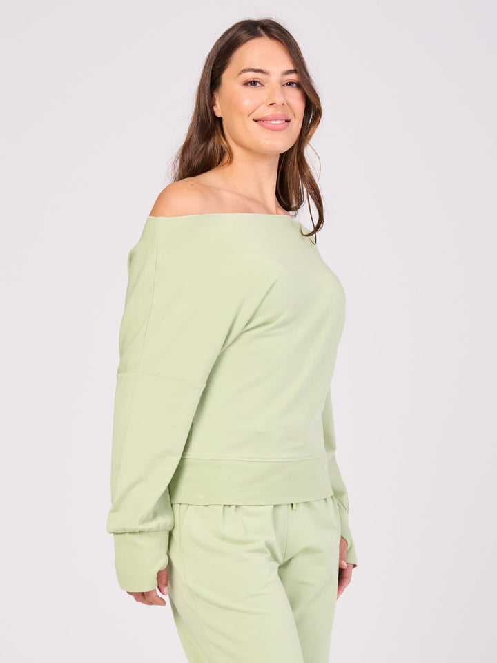 French Terry Off Shoulder Sweatshirt - Matcha Green