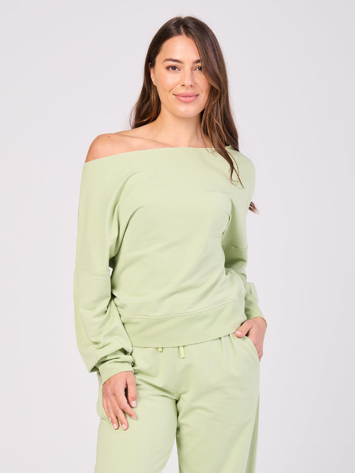 French Terry Off Shoulder Sweatshirt - Matcha Green