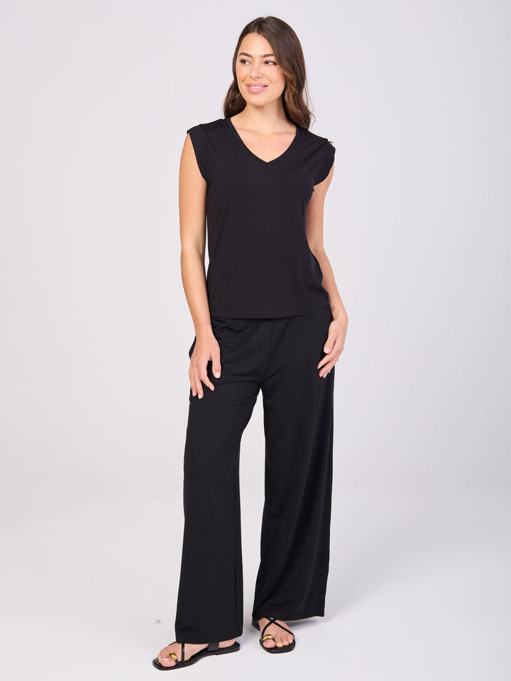 V Neck Modal Cap Sleeve Tee - Black