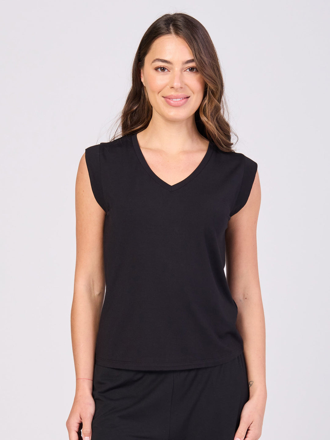 V Neck Modal Cap Sleeve Tee - Black