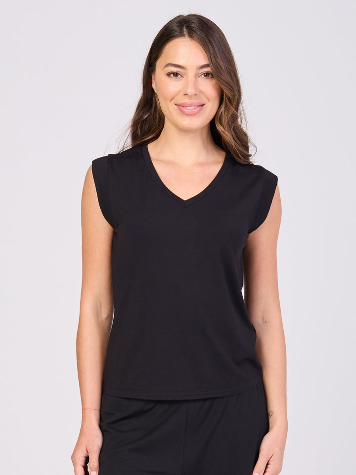 V Neck Modal Cap Sleeve Tee - Black