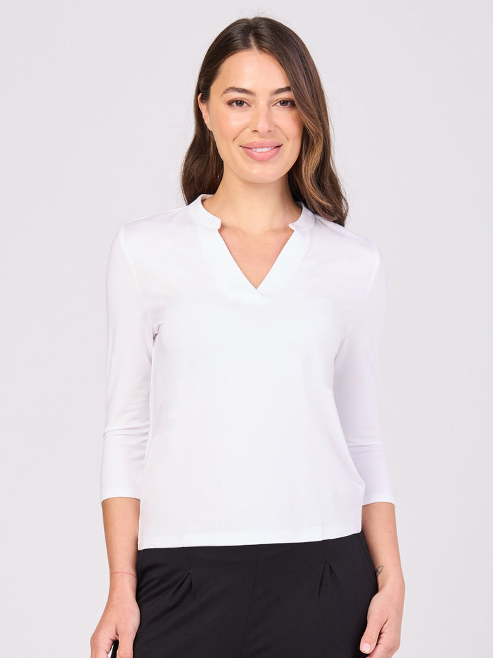 7/8 sleeve Nero Placket Tee- White