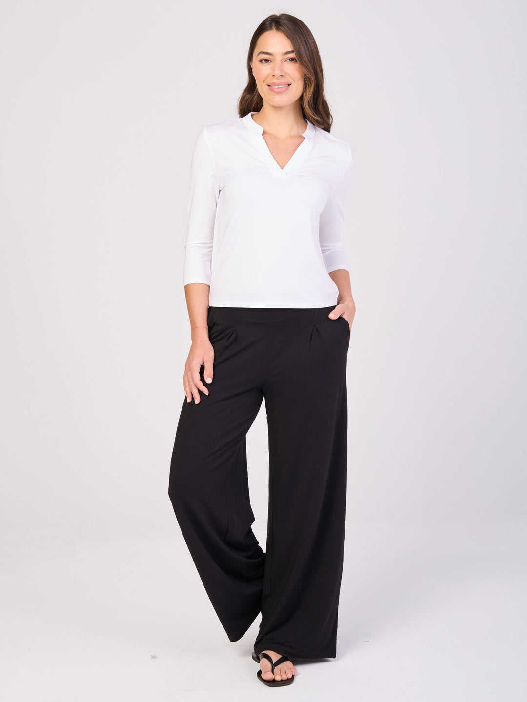 7/8 sleeve Nero Placket Tee- White