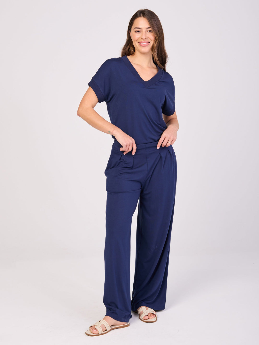 Simone V  Neck Top- Navy