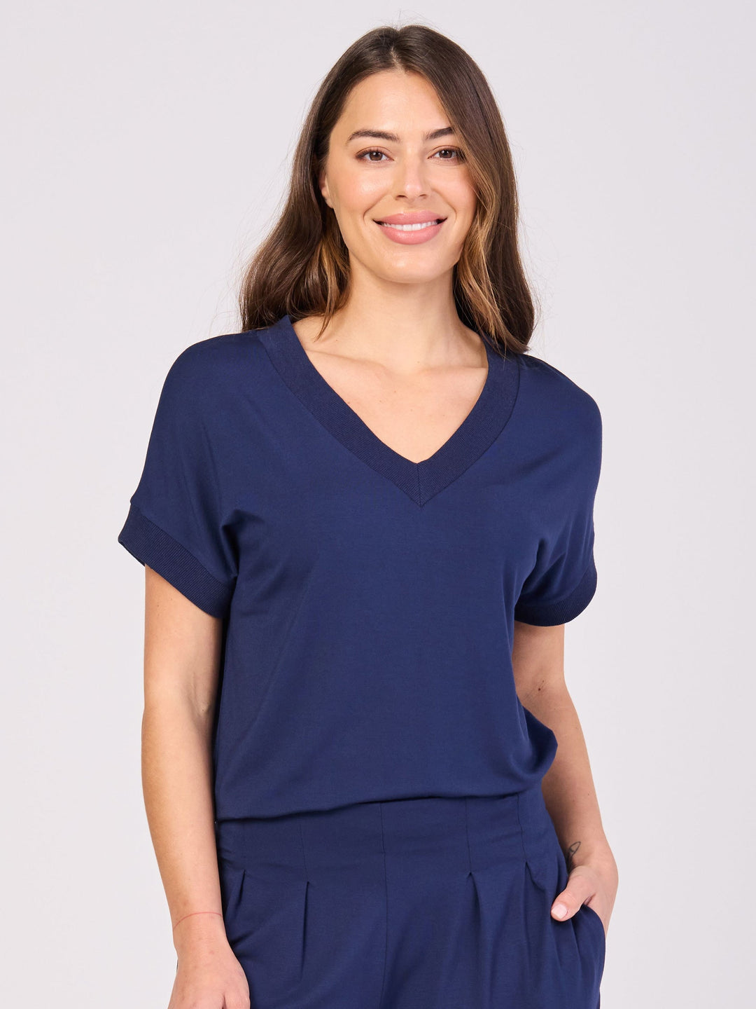 Simone V  Neck Top- Navy
