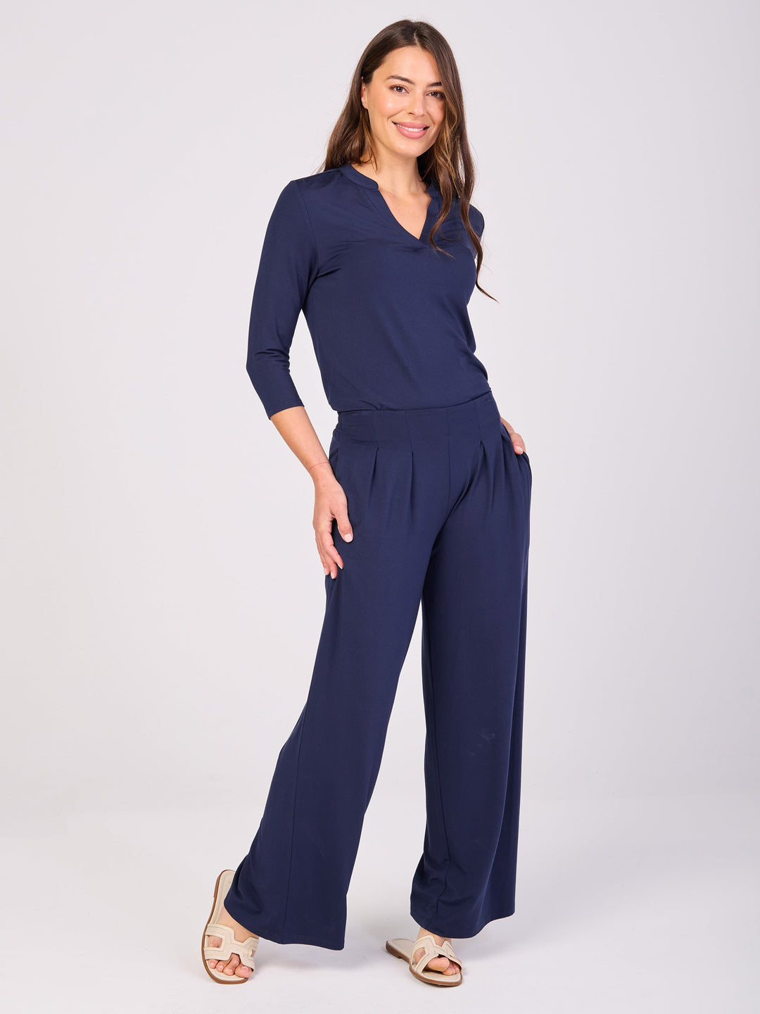 7/8 sleeve Nero Placket Tee- Navy