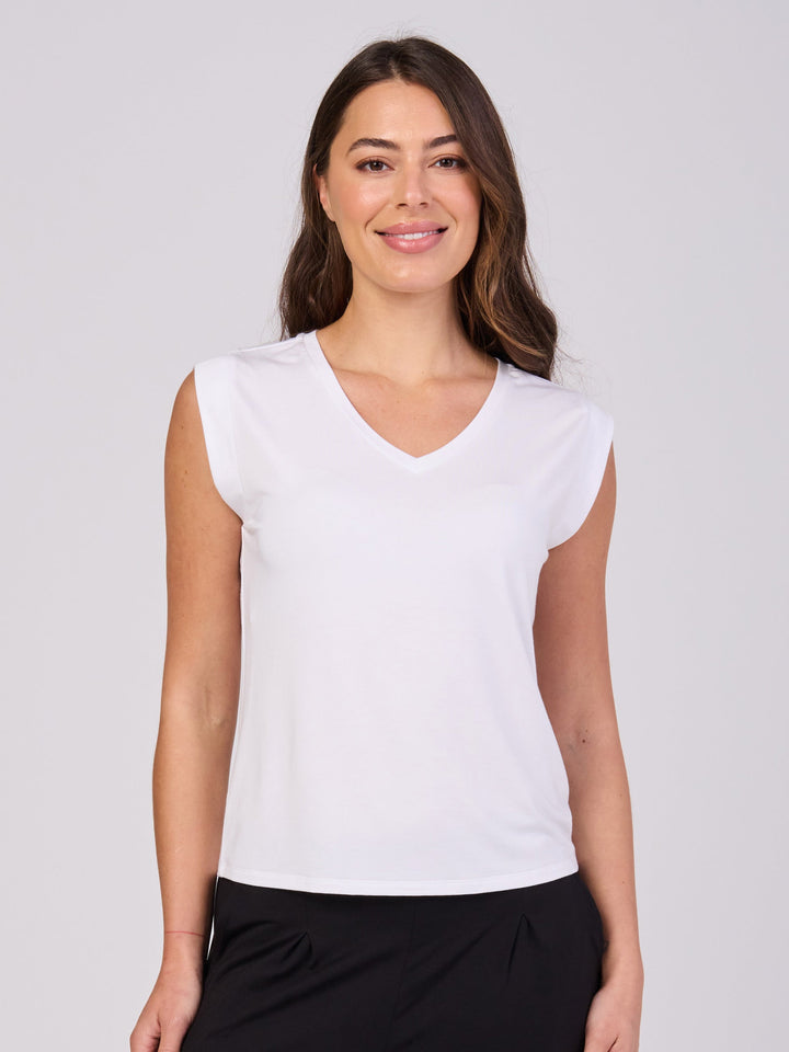 V Neck Modal Cap Sleeve Tee - White