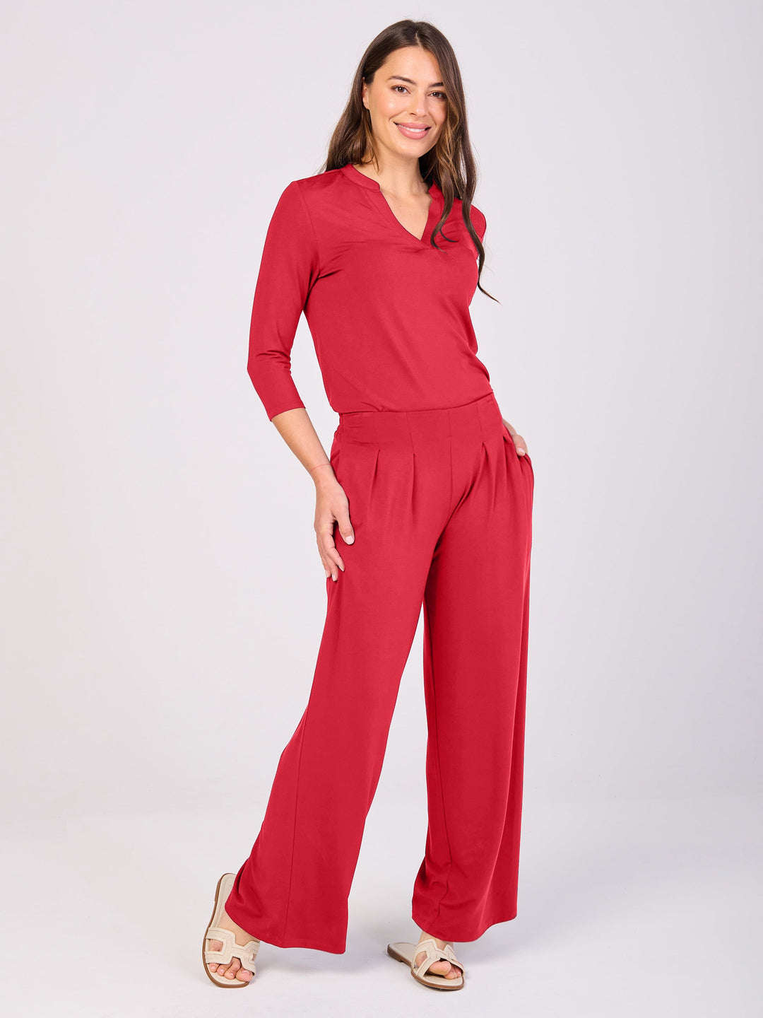 7/8 sleeve Nero Placket Tee- Cherry