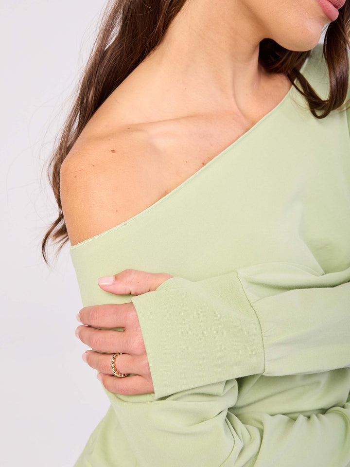 French Terry Off Shoulder Sweatshirt - Matcha Green