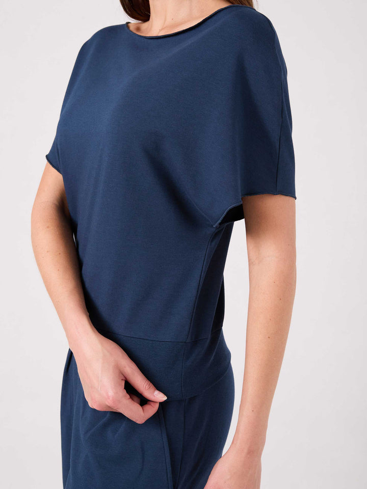 French Terry Short Sleeve Off Shoulder Sweatshirt  - Navy