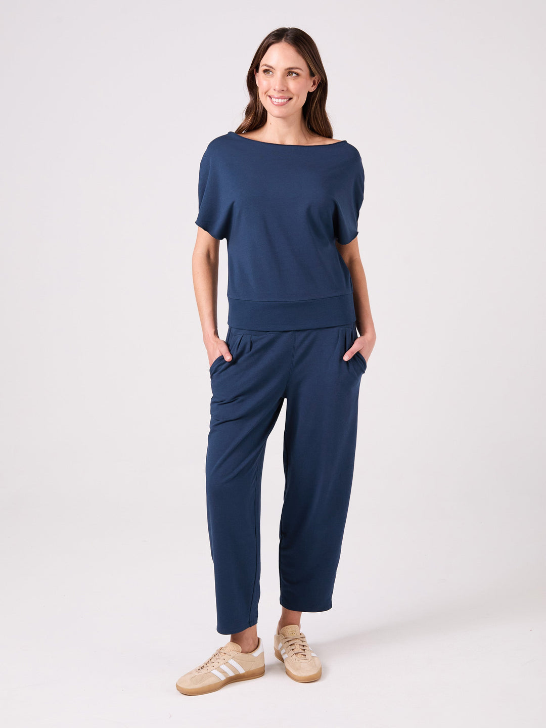 French Terry Short Sleeve Off Shoulder Sweatshirt  - Navy