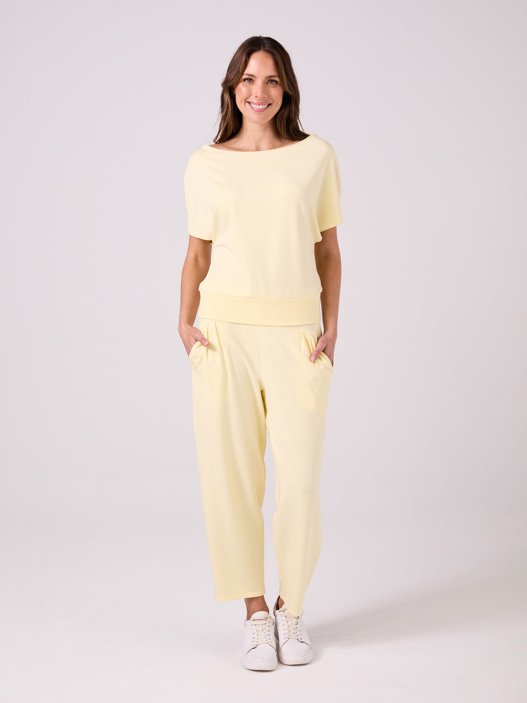 French Terry Short Sleeve Off Shoulder Sweatshirt  - Pastel Yellow