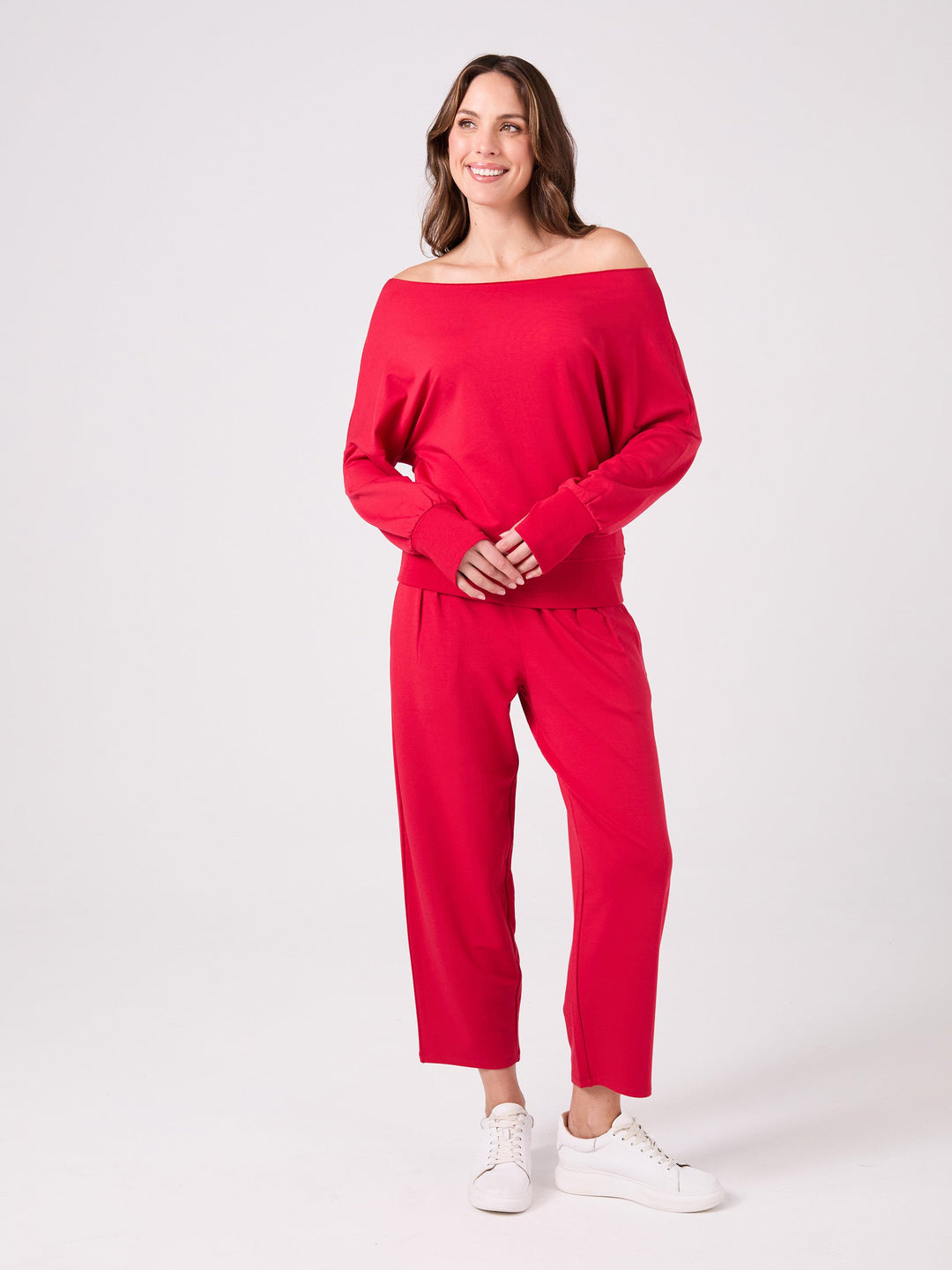 French Terry Off Shoulder Sweatshirt  - Cherry