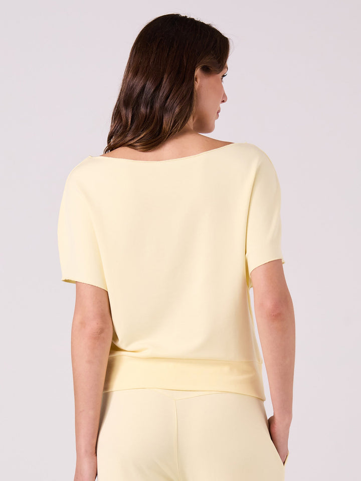 French Terry Short Sleeve Off Shoulder Sweatshirt  - Pastel Yellow