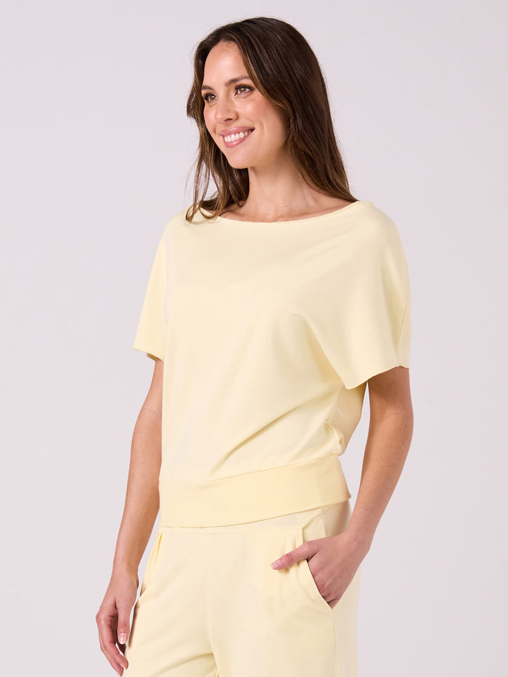 French Terry Short Sleeve Off Shoulder Sweatshirt  - Pastel Yellow