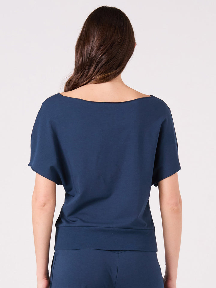 French Terry Short Sleeve Off Shoulder Sweatshirt  - Navy