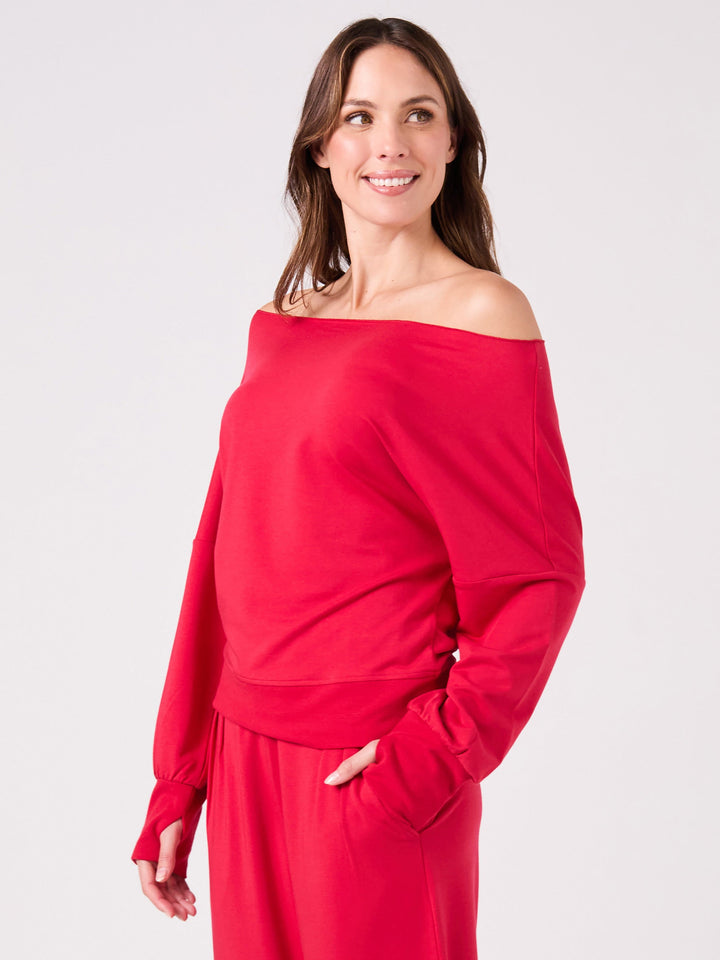 French Terry Off Shoulder Sweatshirt  - Cherry