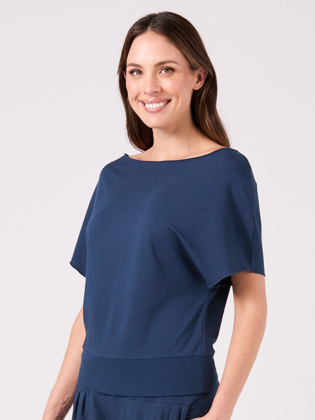 French Terry Short Sleeve Off Shoulder Sweatshirt  - Navy