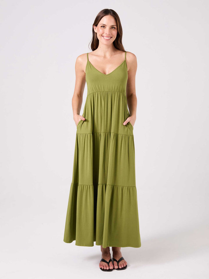V Neck Gypsy Dress - Olive