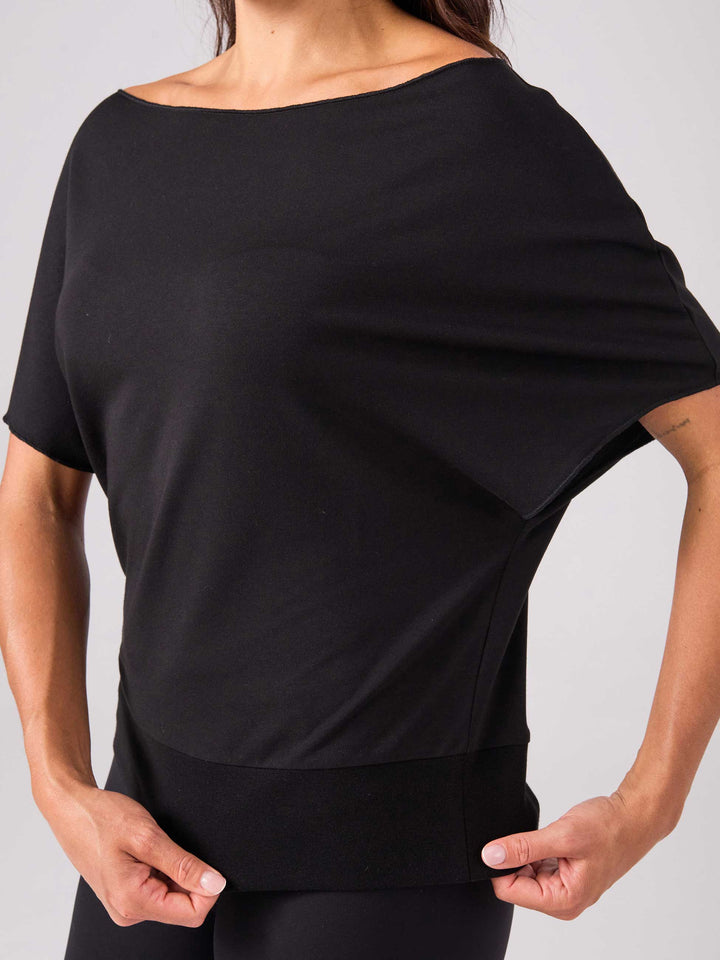 French Terry Short Sleeve Off Shoulder Sweatshirt  - Black