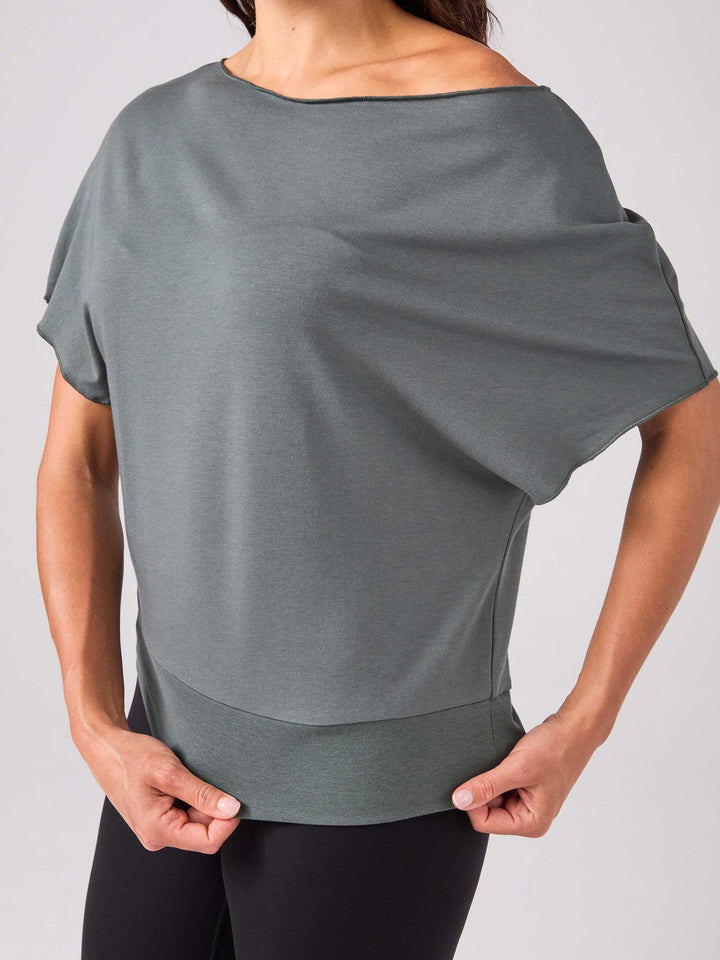 French Terry Short Sleeve Off Shoulder Sweatshirt - Sage