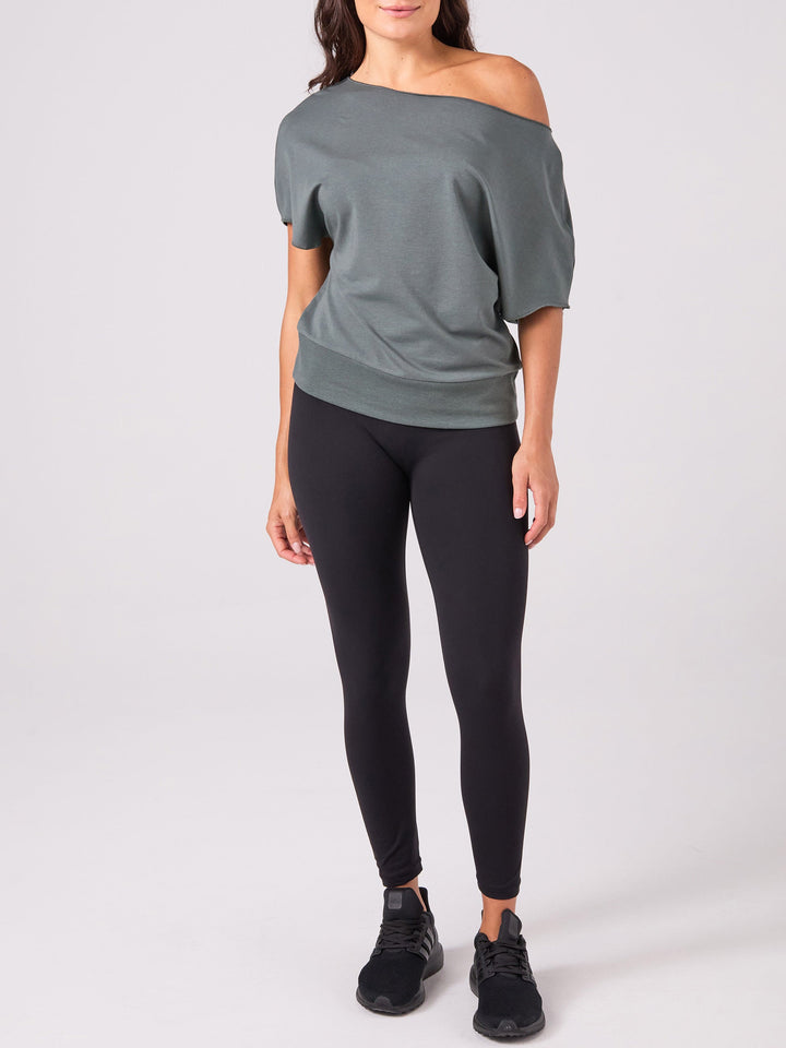 French Terry Short Sleeve Off Shoulder Sweatshirt - Sage