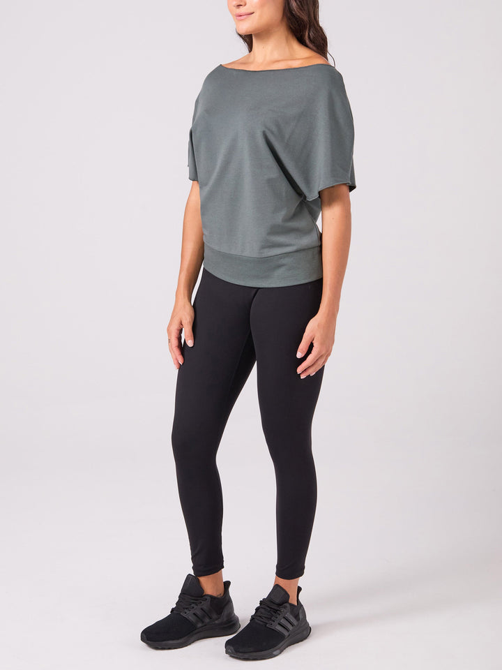 French Terry Short Sleeve Off Shoulder Sweatshirt - Sage