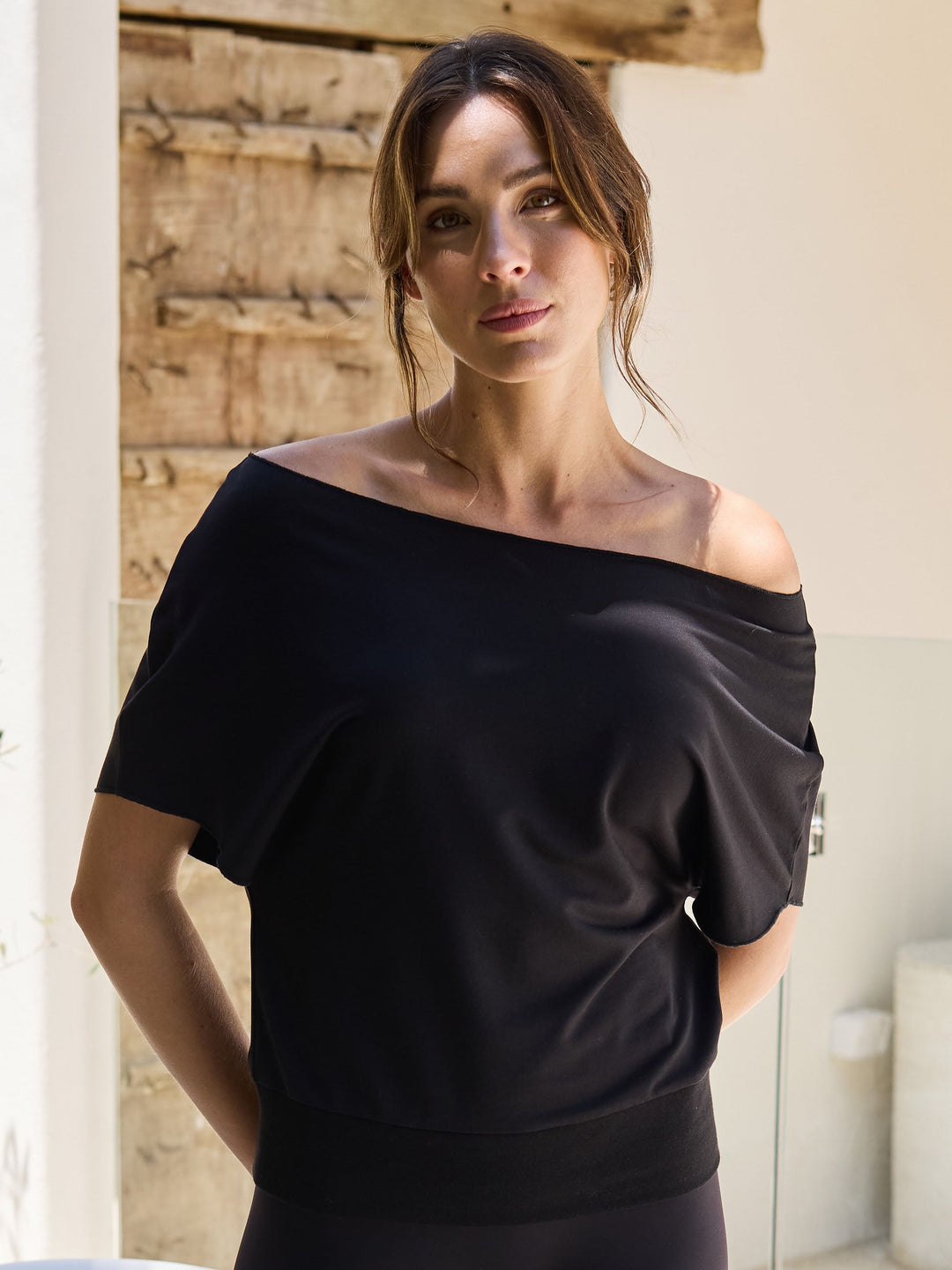 French Terry Short Sleeve Off Shoulder Sweatshirt  - Black