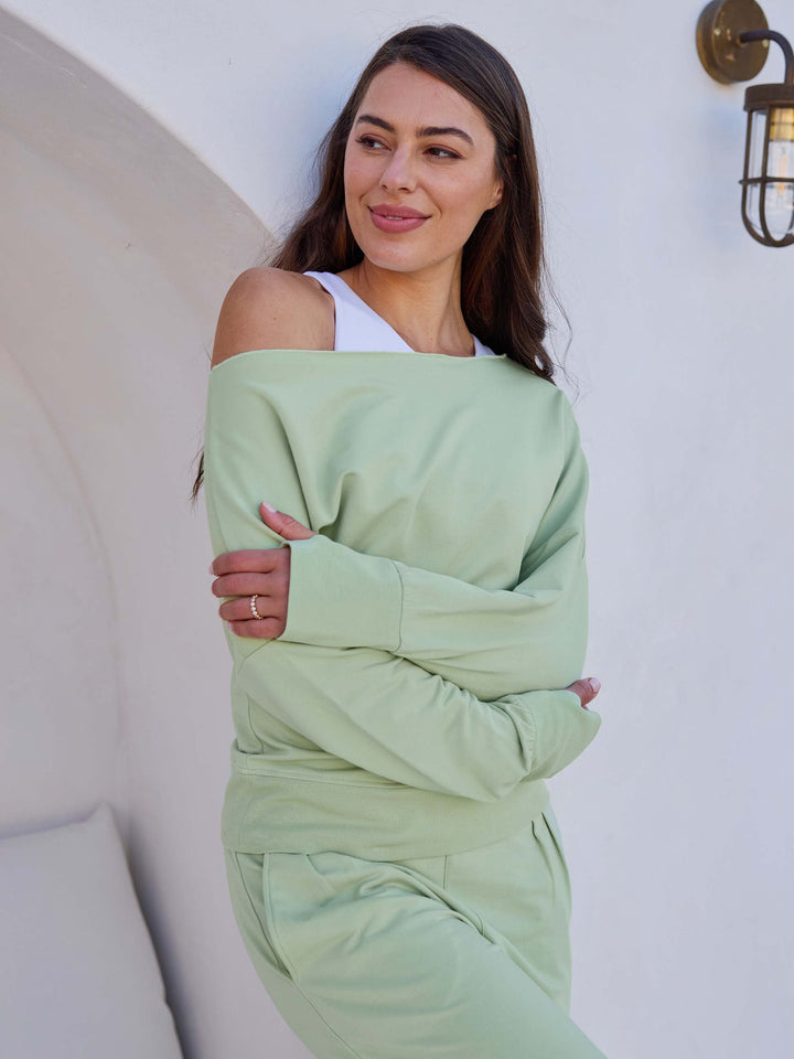 French Terry Off Shoulder Sweatshirt - Matcha Green