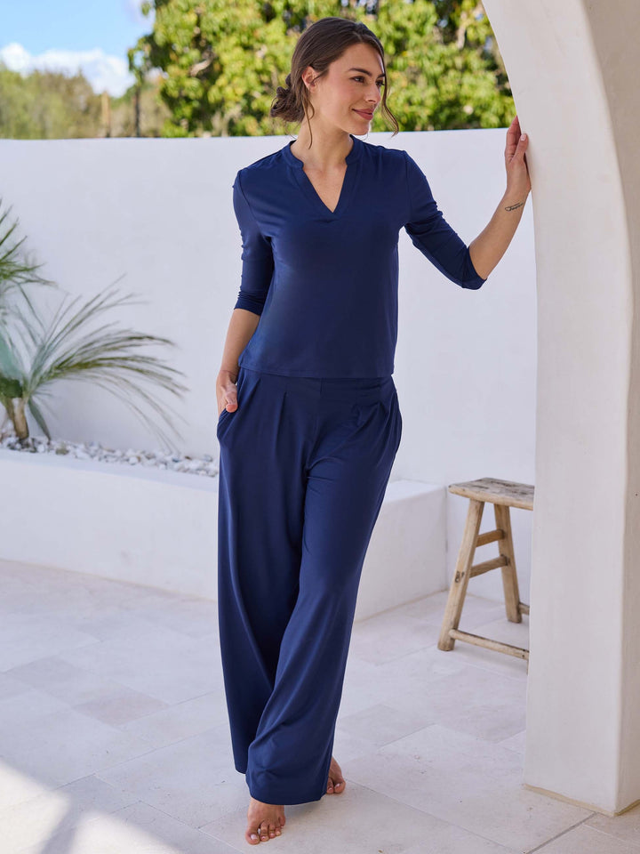 7/8 sleeve Nero Placket Tee- Navy