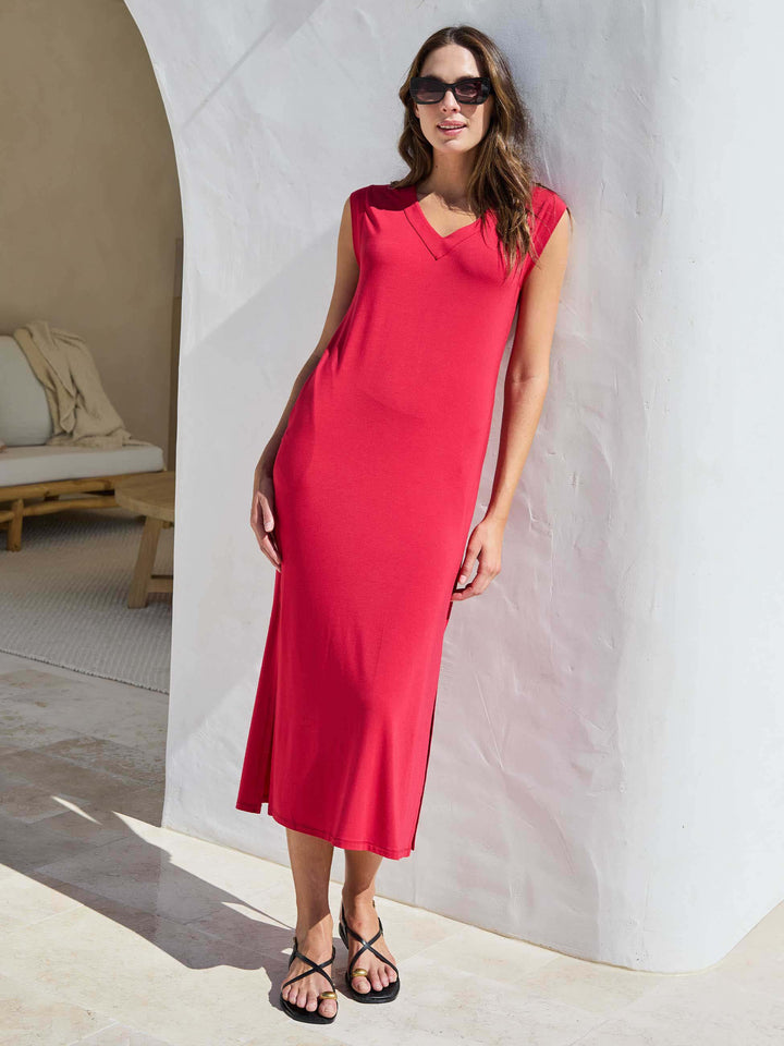 Everly V Neck Maxi  Dress - Cherry