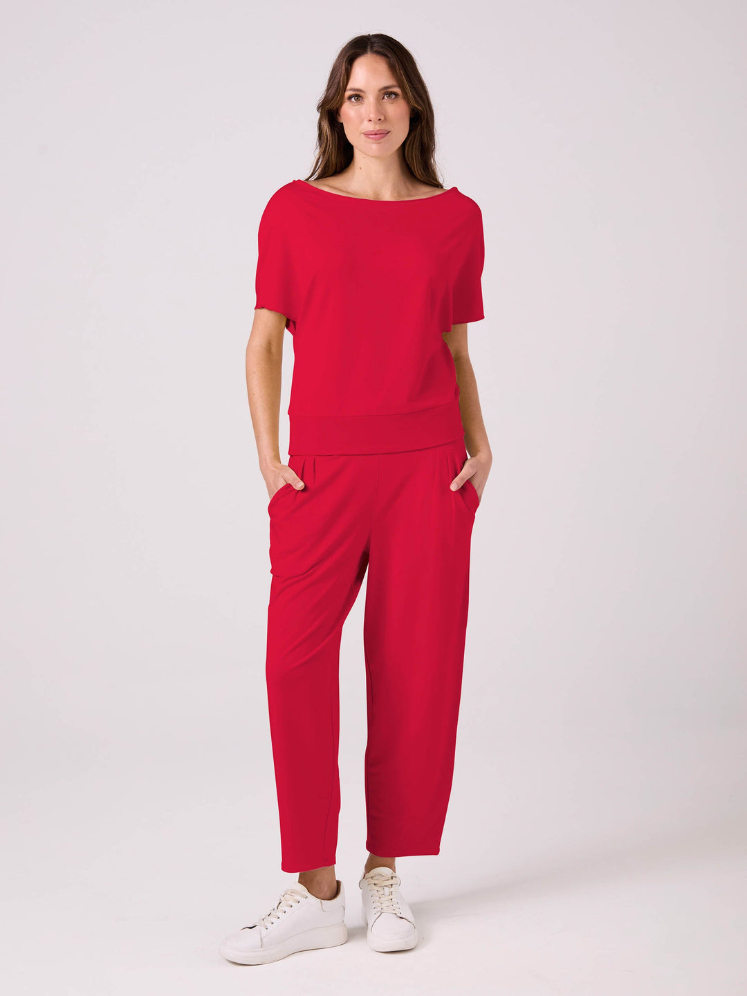 French Terry Short Sleeve Off Shoulder Sweatshirt - Cherry