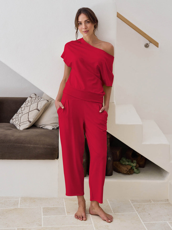 French Terry Short Sleeve Off Shoulder Sweatshirt - Cherry