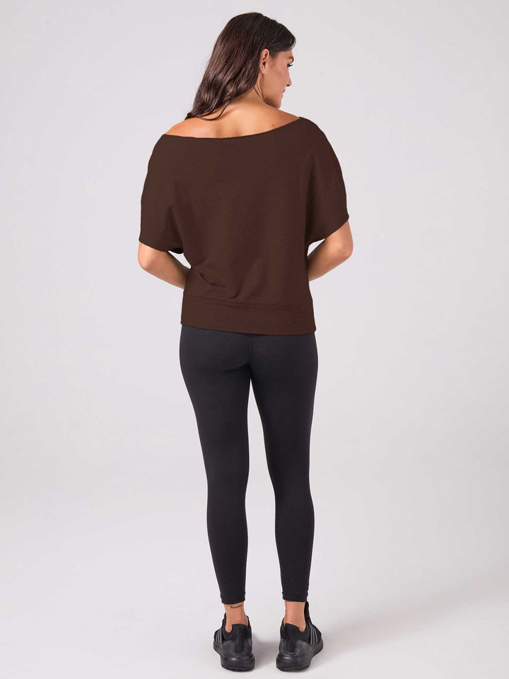 French Terry Short Sleeve Off Shoulder Sweatshirt  - Coffee Bean