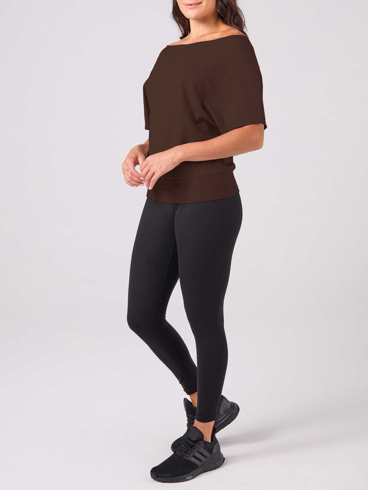 French Terry Short Sleeve Off Shoulder Sweatshirt  - Coffee Bean