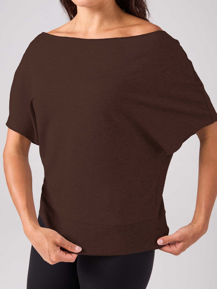 French Terry Short Sleeve Off Shoulder Sweatshirt  - Coffee Bean