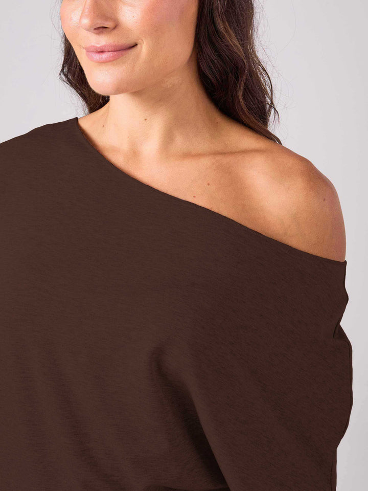 French Terry Short Sleeve Off Shoulder Sweatshirt  - Coffee Bean