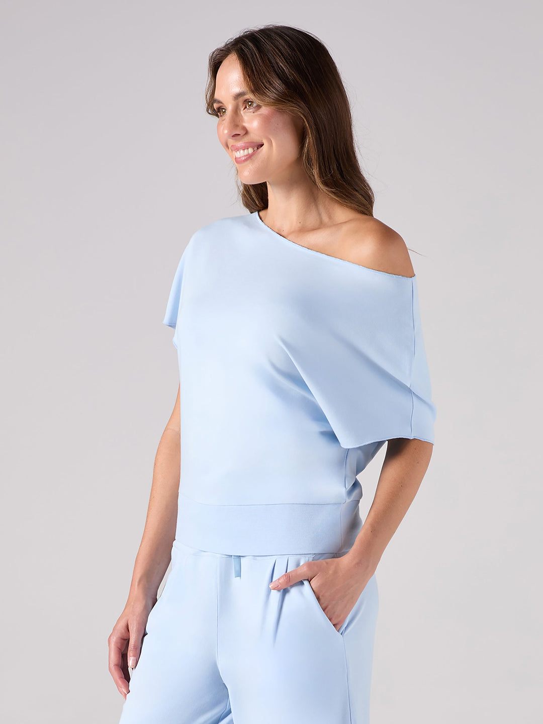 French Terry Short Sleeve Off Shoulder Sweatshirt  - Cashmere Blue