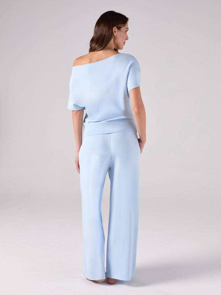 French Terry Short Sleeve Off Shoulder Sweatshirt  - Cashmere Blue