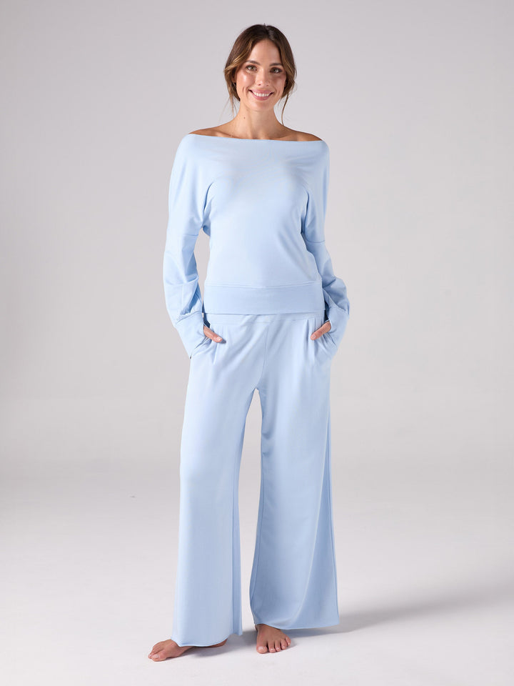 French Terry Off Shoulder Sweatshirt - Cashmere Blue