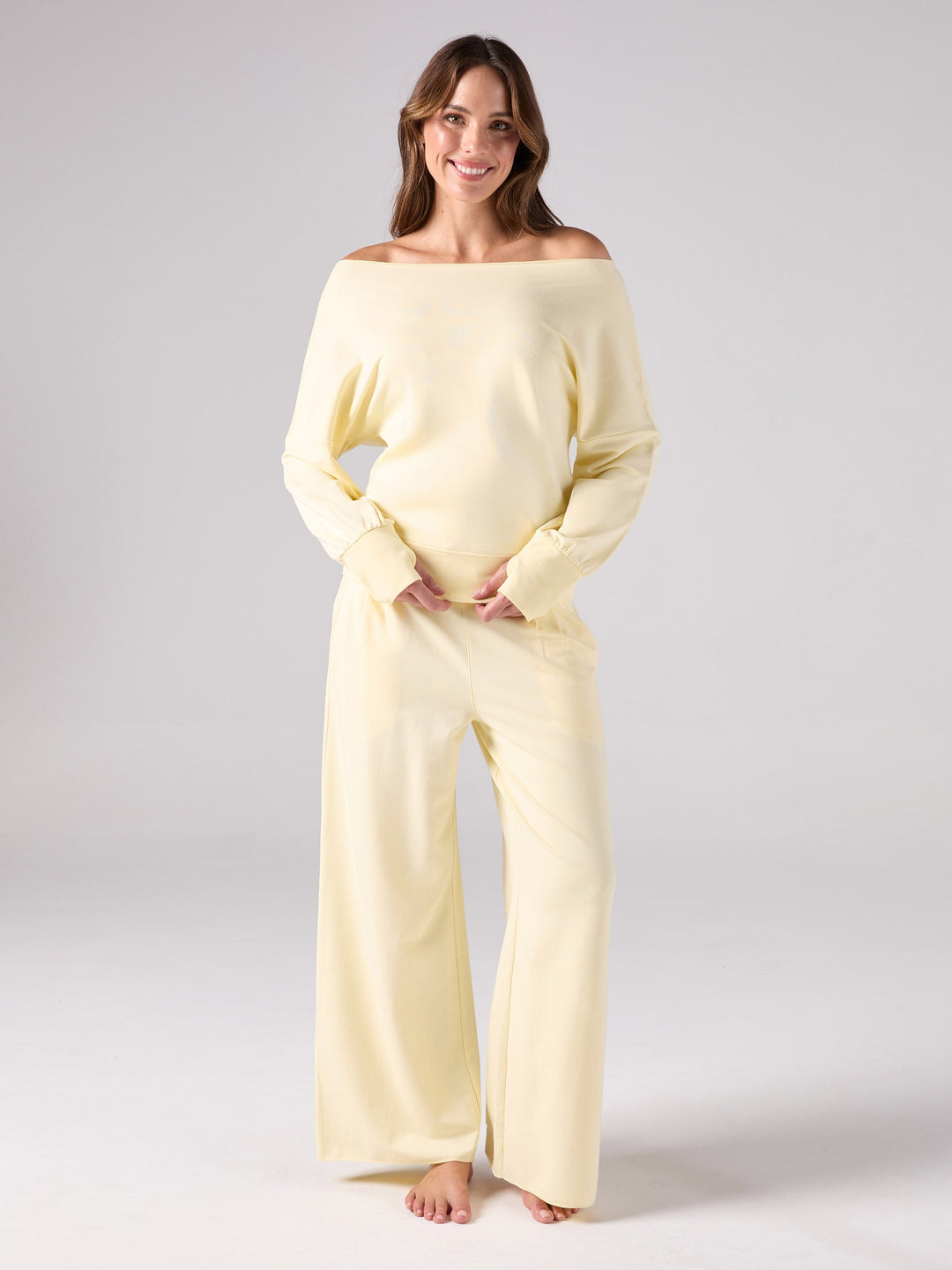 French Terry Off Shoulder Sweatshirt - Pastel Yellow