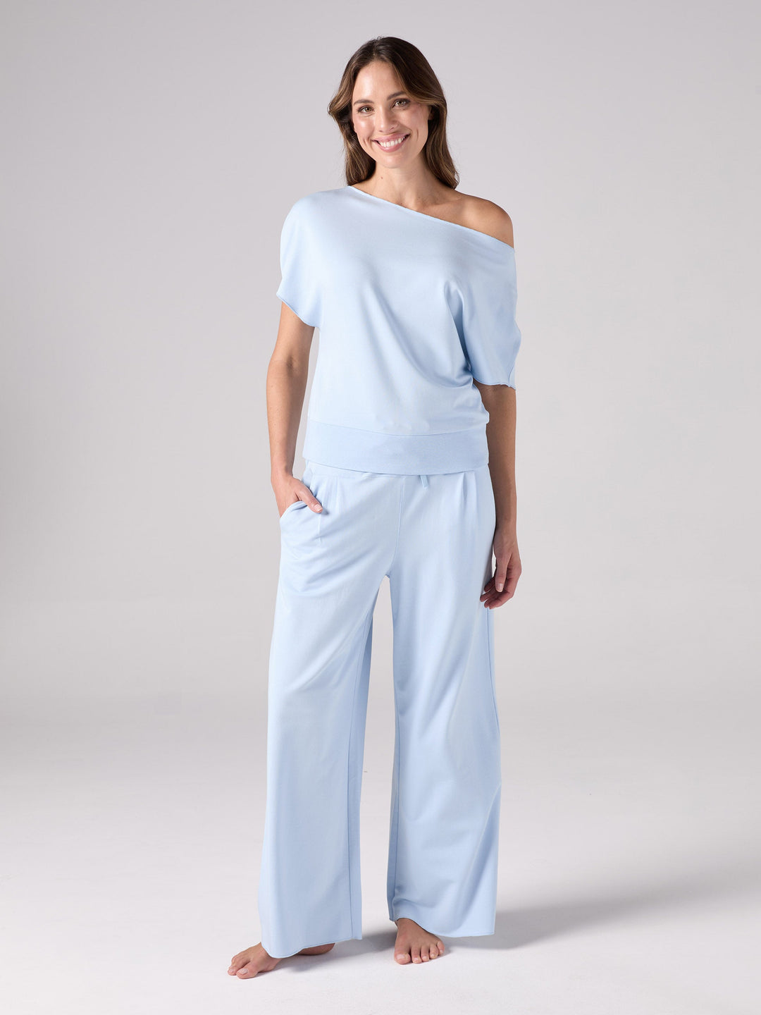 French Terry Short Sleeve Off Shoulder Sweatshirt  - Cashmere Blue