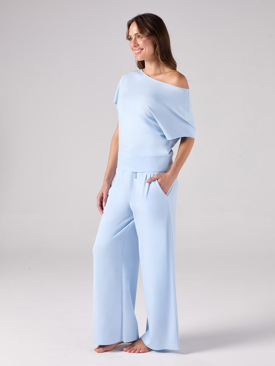 French Terry Short Sleeve Off Shoulder Sweatshirt  - Cashmere Blue