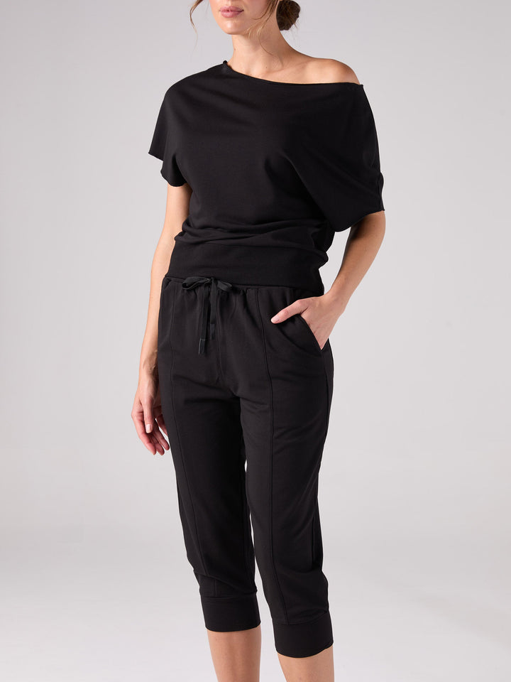 French Terry Short Sleeve Off Shoulder Sweatshirt  - Black